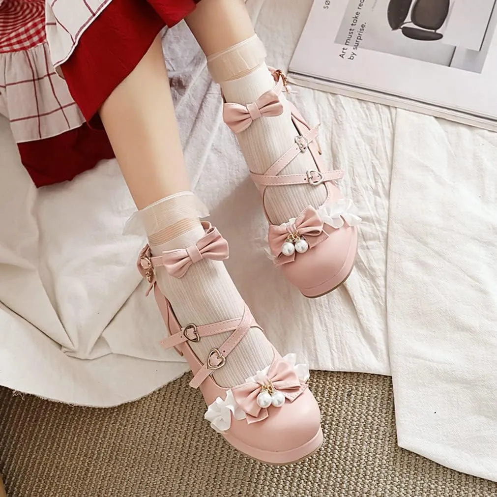 LUXMAX Women Lolita Cosplay Shoes Cross Strap Block Heel Mary Jane Lace Pumps