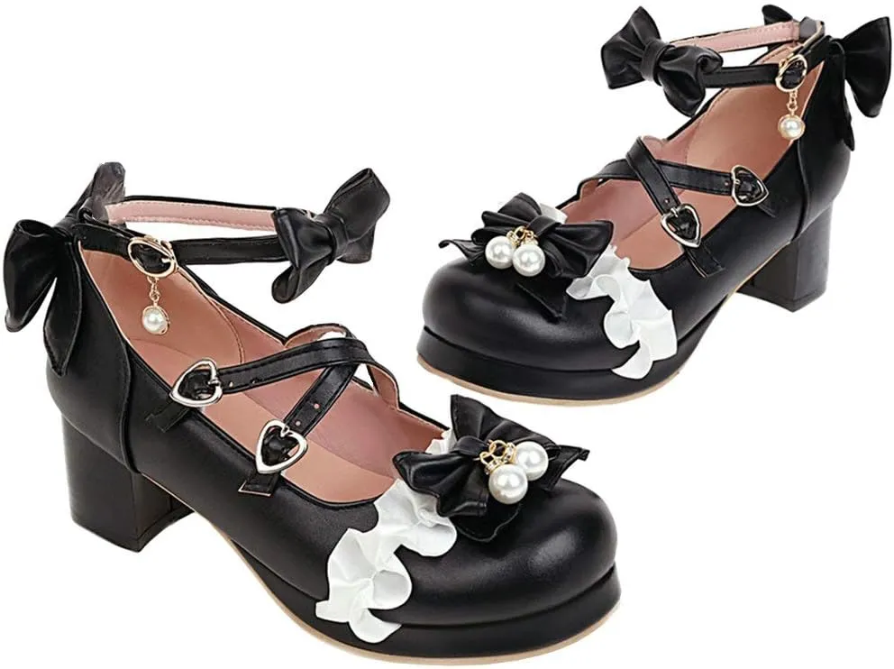 LUXMAX Women Lolita Cosplay Shoes Cross Strap Block Heel Mary Jane Lace Pumps