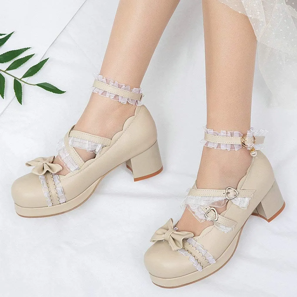 LUXMAX Women Lolita Cosplay Shoes Cross Strap Block Heel Mary Jane Lace Pumps