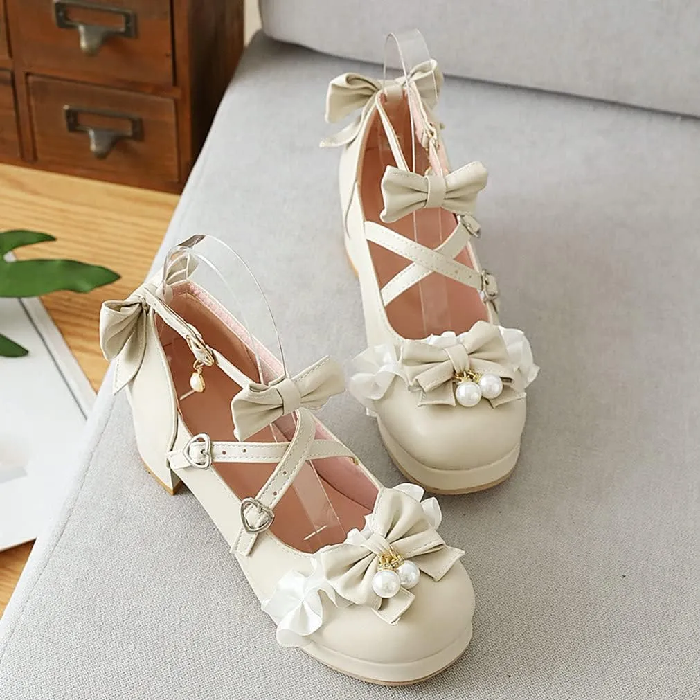 LUXMAX Women Lolita Cosplay Shoes Cross Strap Block Heel Mary Jane Lace Pumps