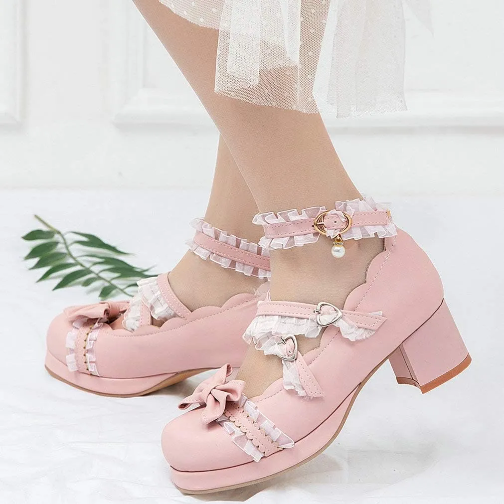LUXMAX Women Lolita Cosplay Shoes Cross Strap Block Heel Mary Jane Lace Pumps