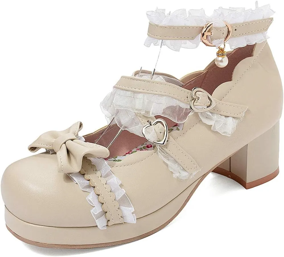 LUXMAX Women Lolita Cosplay Shoes Cross Strap Block Heel Mary Jane Lace Pumps
