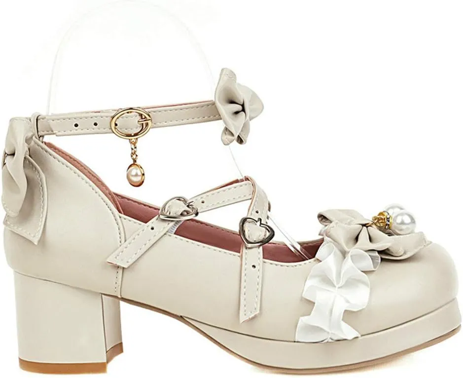 LUXMAX Women Lolita Cosplay Shoes Cross Strap Block Heel Mary Jane Lace Pumps