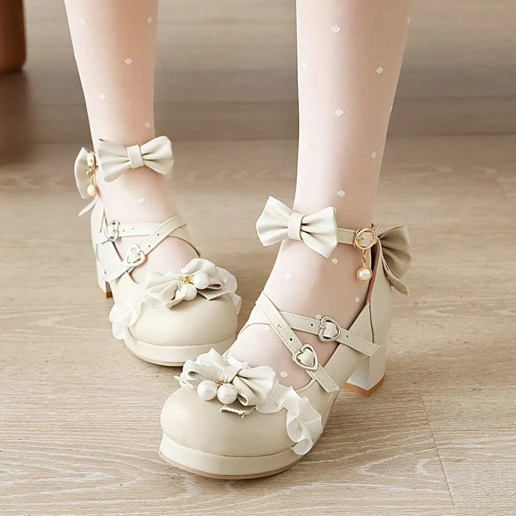 LUXMAX Women Lolita Cosplay Shoes Cross Strap Block Heel Mary Jane Lace Pumps