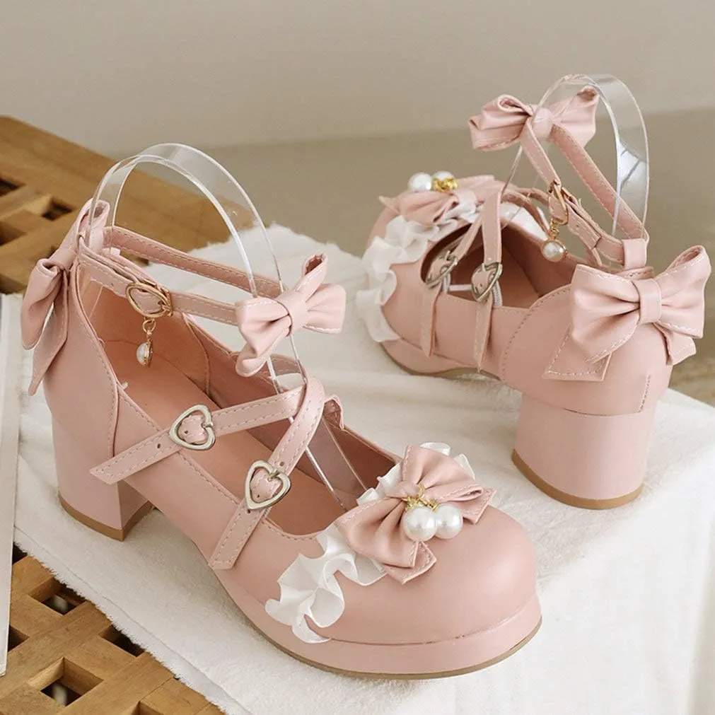 LUXMAX Women Lolita Cosplay Shoes Cross Strap Block Heel Mary Jane Lace Pumps
