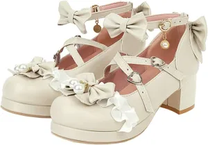 LUXMAX Women Lolita Cosplay Shoes Cross Strap Block Heel Mary Jane Lace Pumps