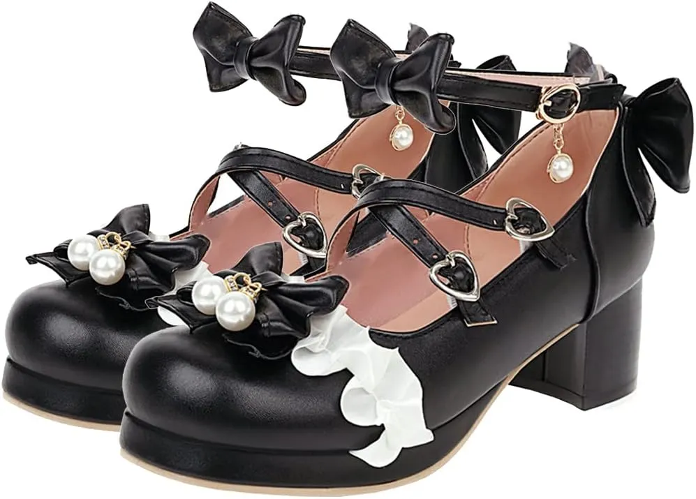 LUXMAX Women Lolita Cosplay Shoes Cross Strap Block Heel Mary Jane Lace Pumps