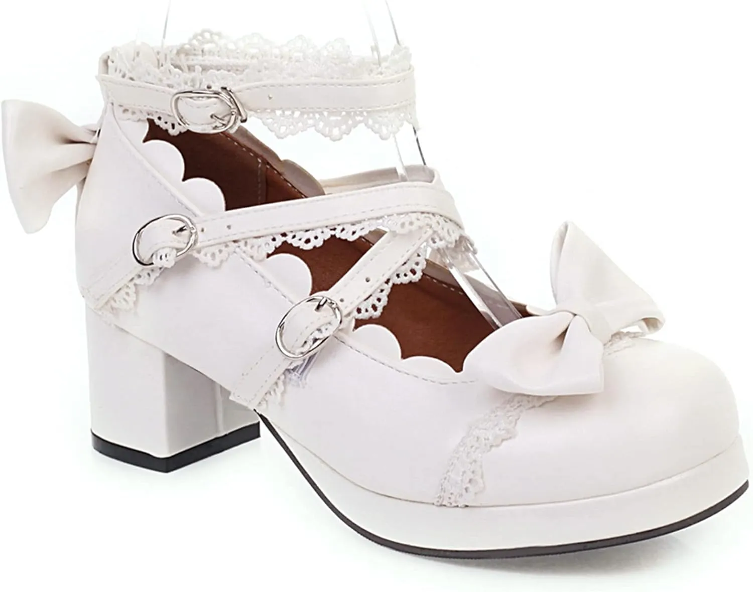 LUXMAX Women Lolita Cosplay Shoes Cross Strap Block Heel Mary Jane Lace Pumps