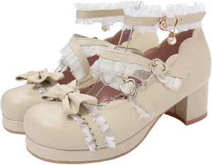 LUXMAX Women Lolita Cosplay Shoes Cross Strap Block Heel Mary Jane Lace Pumps