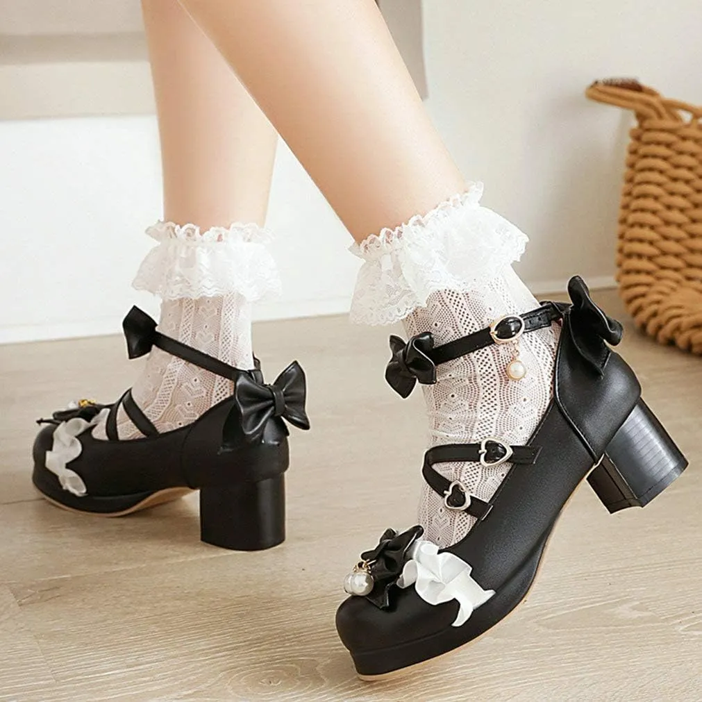 LUXMAX Women Lolita Cosplay Shoes Cross Strap Block Heel Mary Jane Lace Pumps