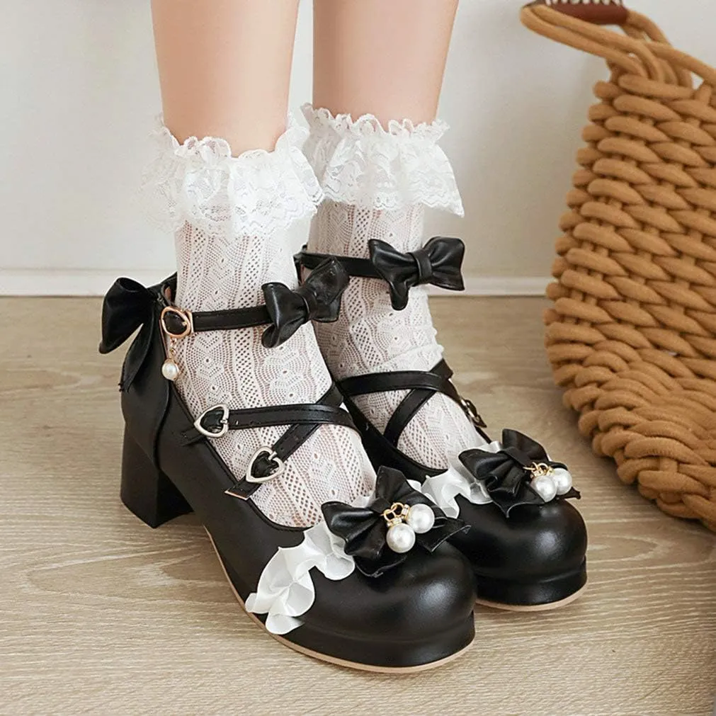 LUXMAX Women Lolita Cosplay Shoes Cross Strap Block Heel Mary Jane Lace Pumps