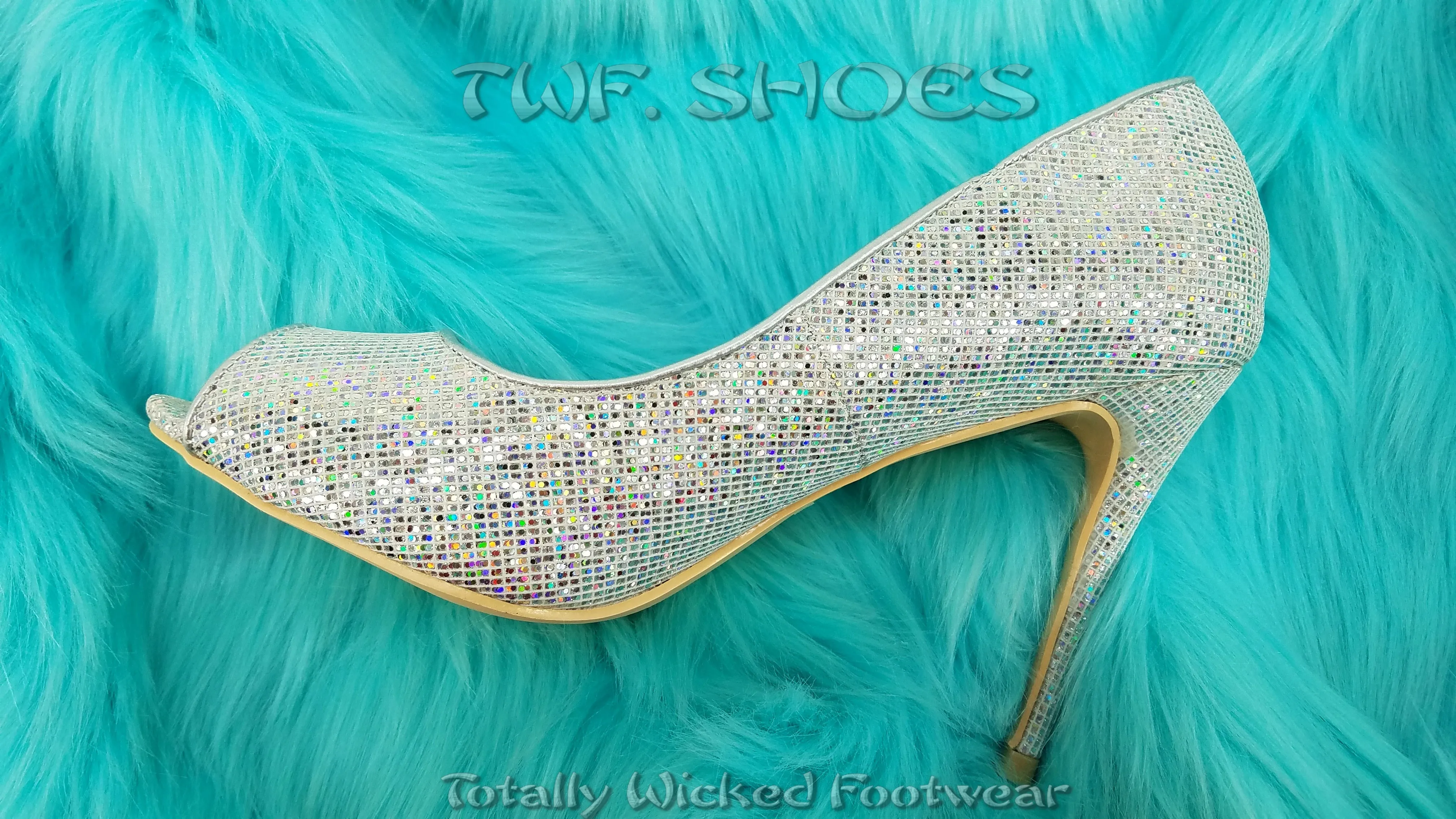 Mac J Silver Glitter Fabric Open Toe Pump - 4" High Heel Shoes