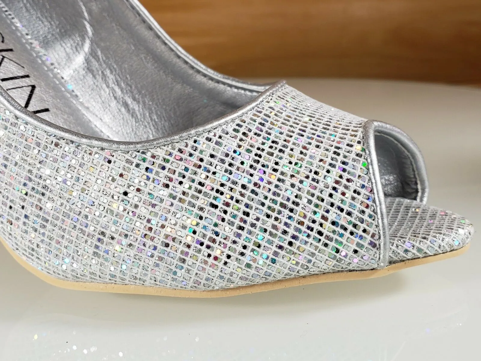 Mac J Silver Glitter Fabric Open Toe Pump - 4" High Heel Shoes