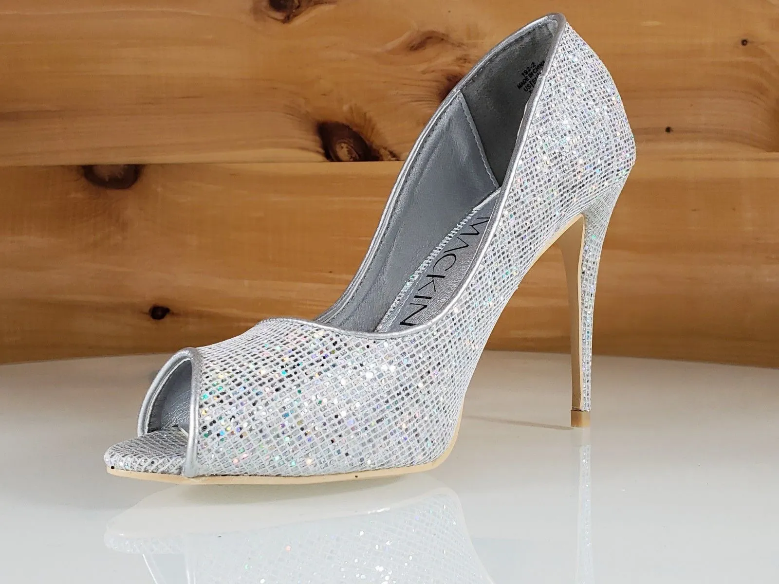 Mac J Silver Glitter Fabric Open Toe Pump - 4" High Heel Shoes