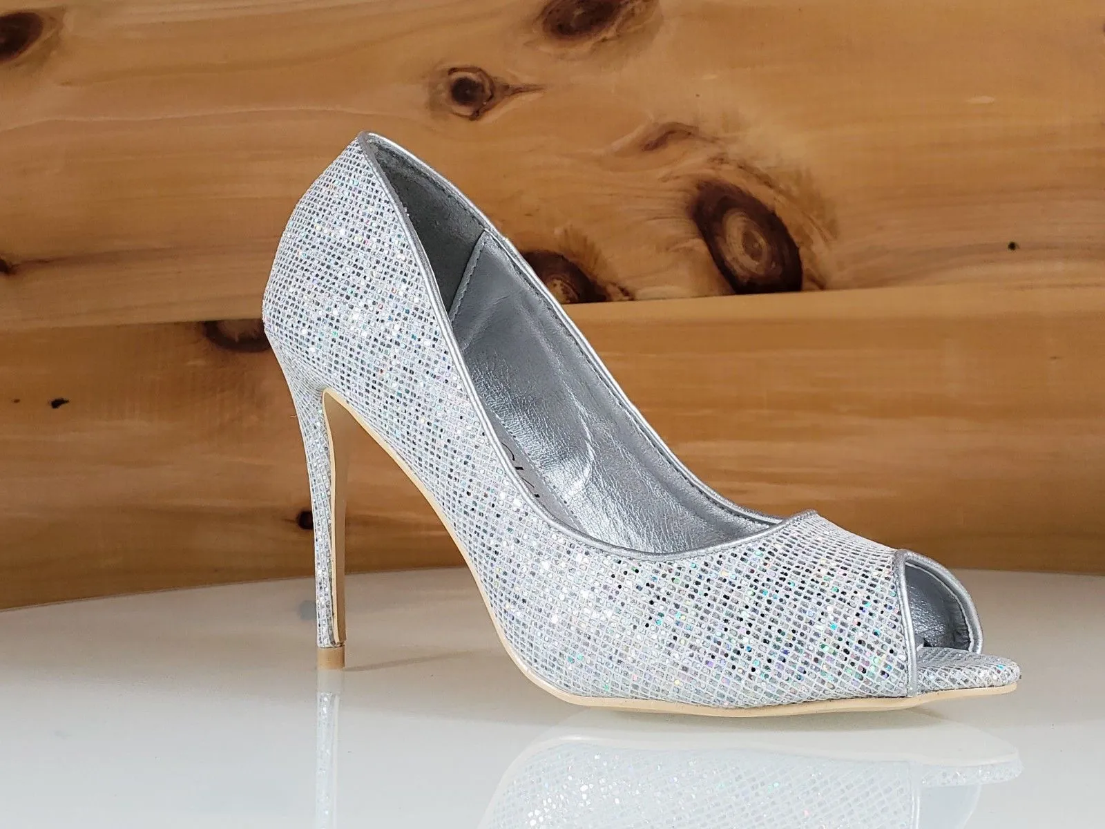 Mac J Silver Glitter Fabric Open Toe Pump - 4" High Heel Shoes