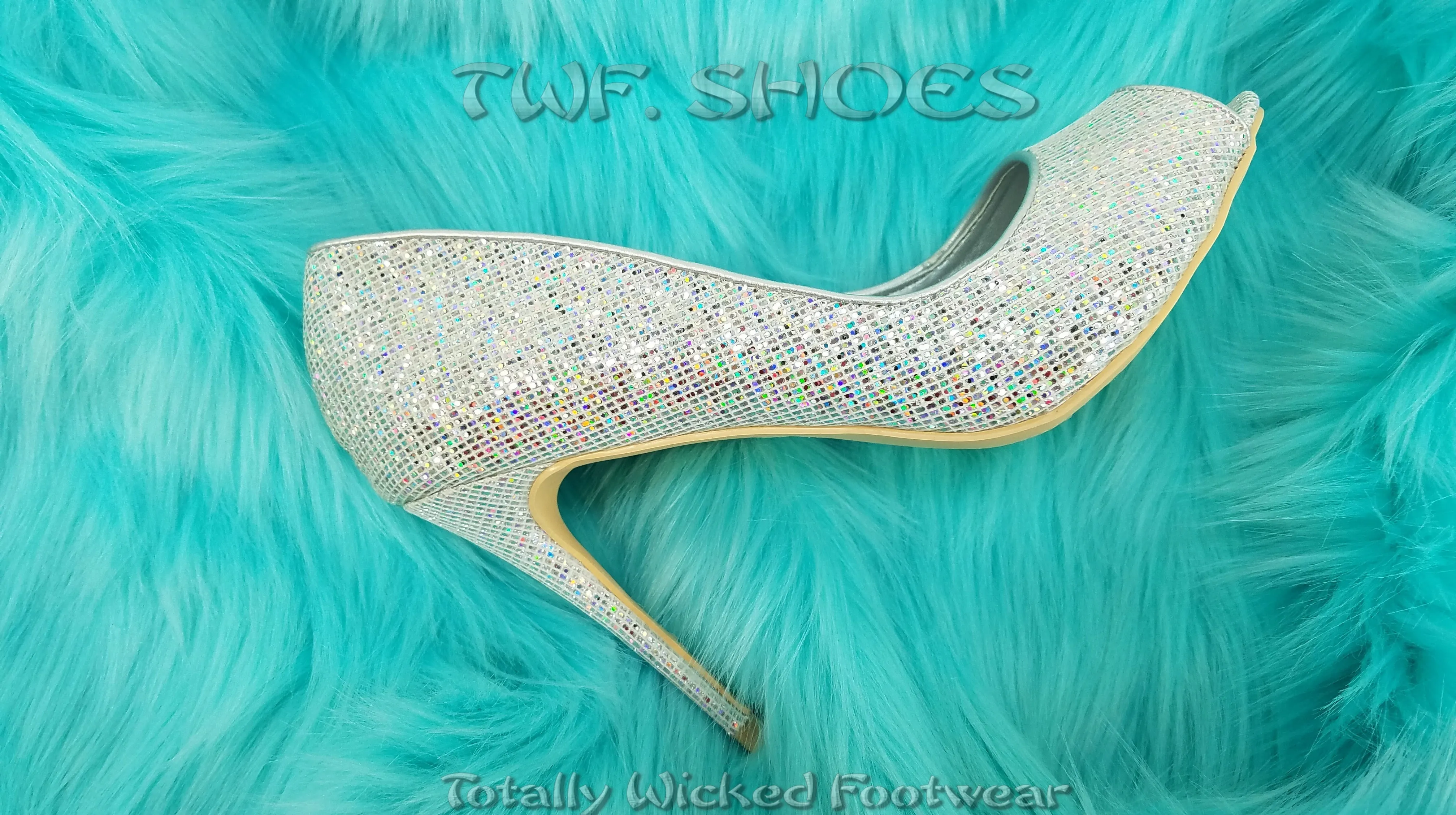 Mac J Silver Glitter Fabric Open Toe Pump - 4" High Heel Shoes