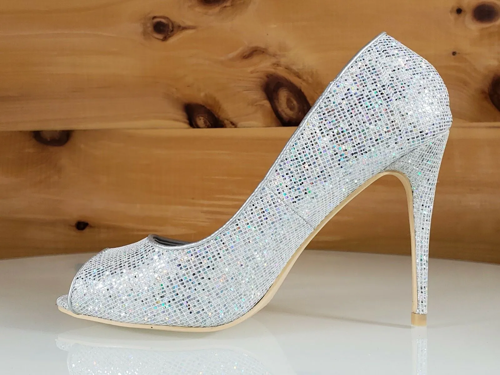Mac J Silver Glitter Fabric Open Toe Pump - 4" High Heel Shoes