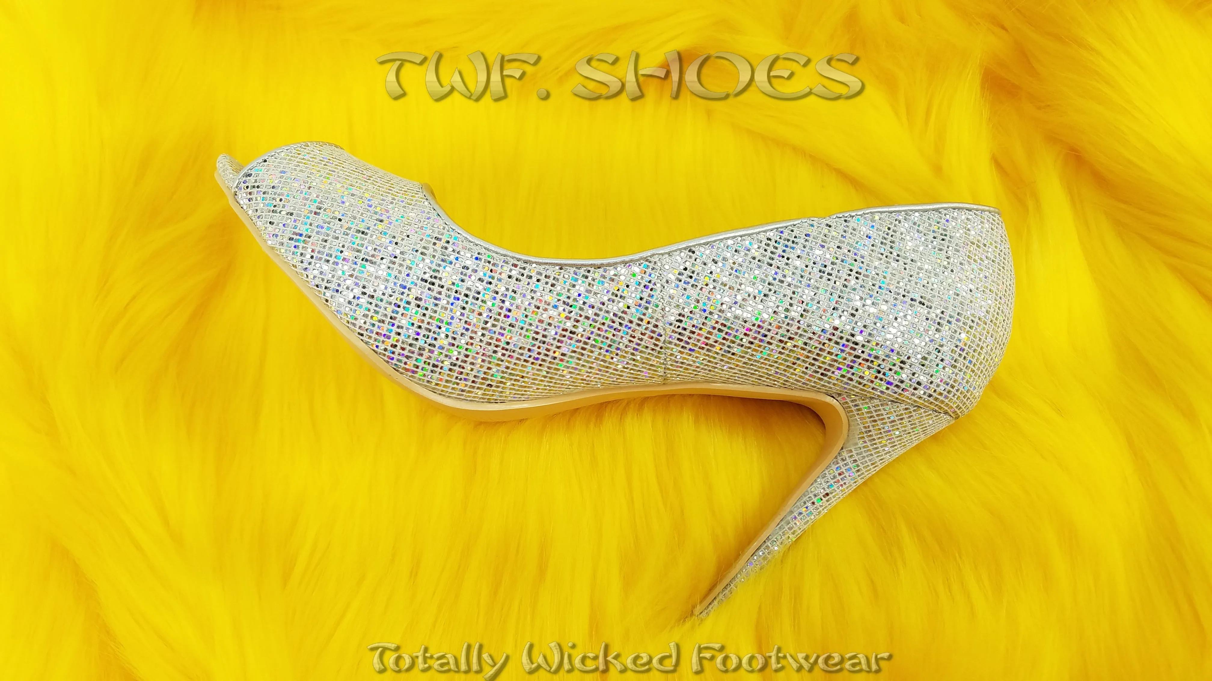 Mac J Silver Glitter Fabric Open Toe Pump - 4" High Heel Shoes
