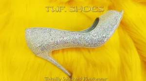 Mac J Silver Glitter Fabric Open Toe Pump - 4" High Heel Shoes