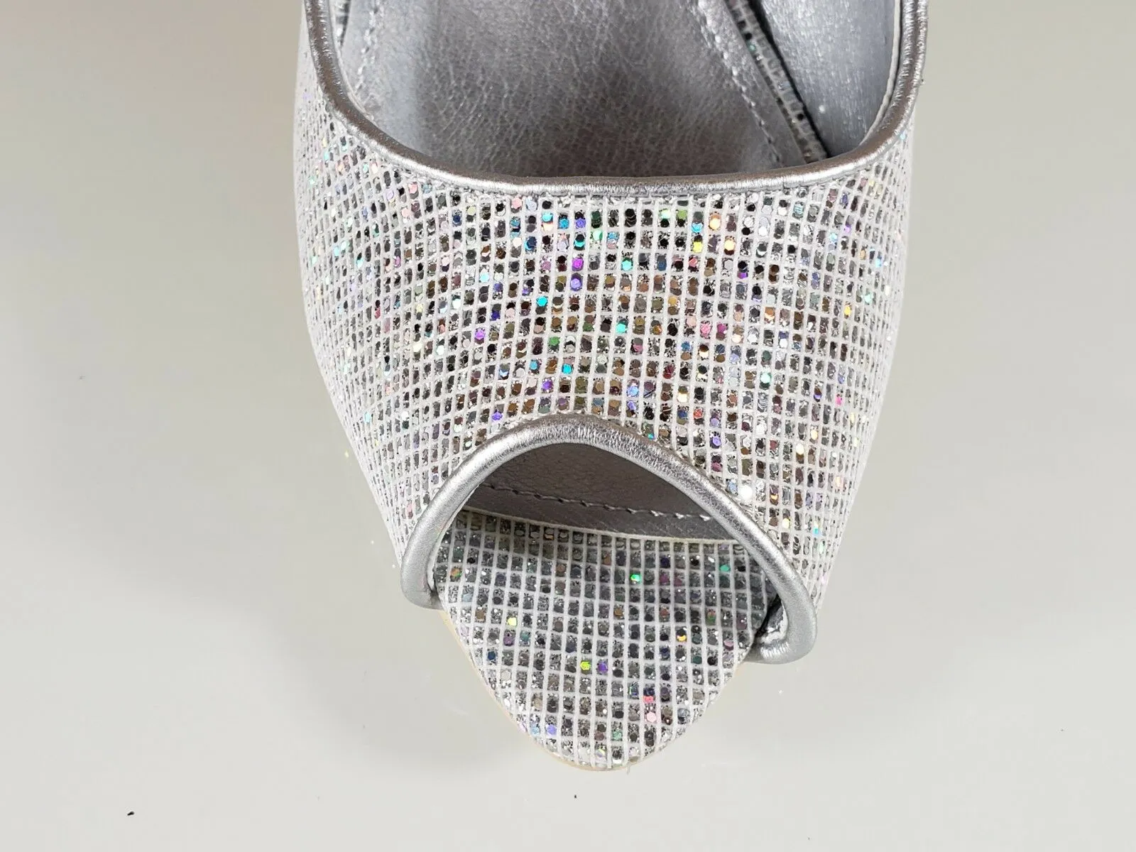 Mac J Silver Glitter Fabric Open Toe Pump - 4" High Heel Shoes