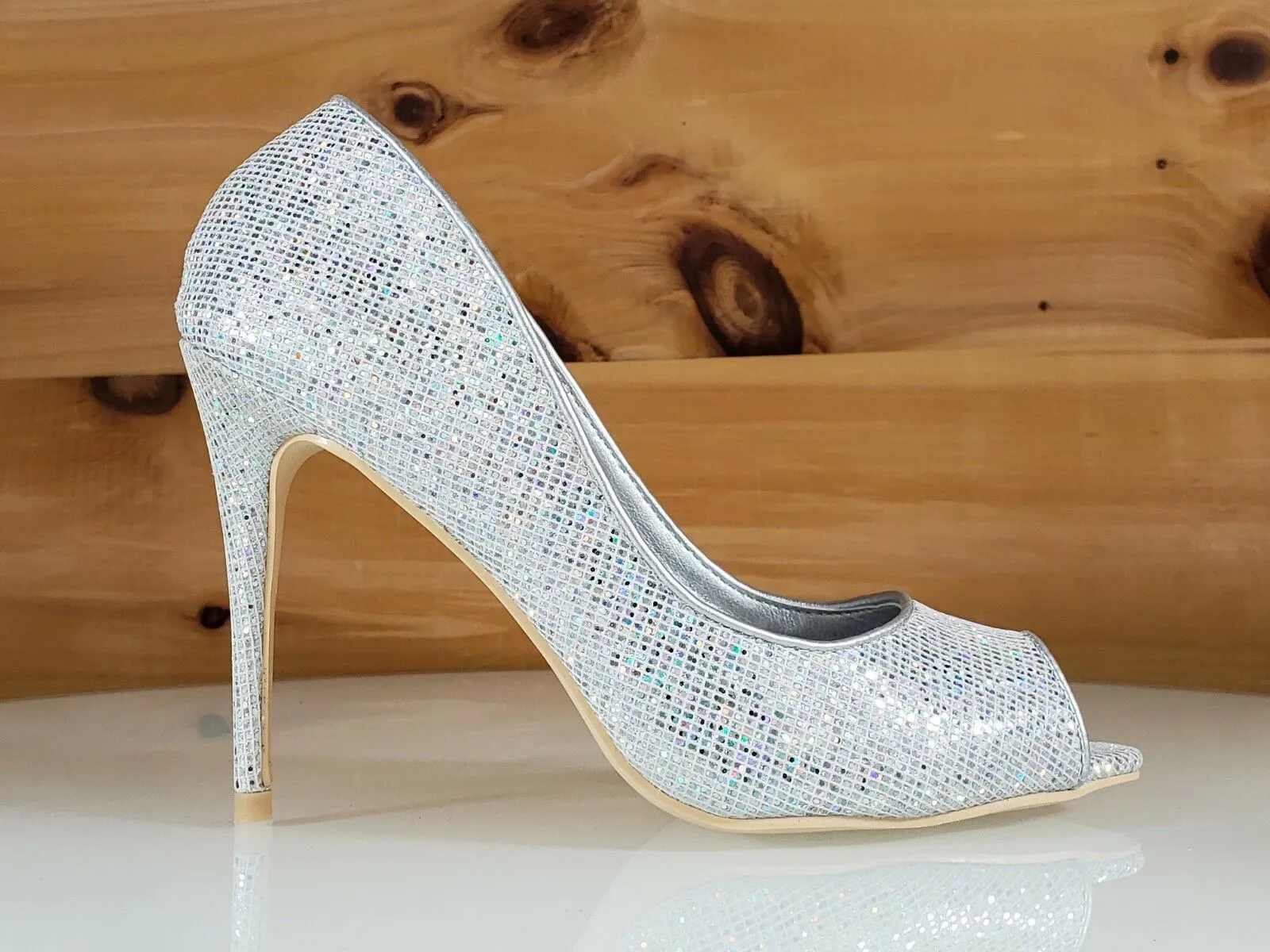 Mac J Silver Glitter Fabric Open Toe Pump - 4" High Heel Shoes
