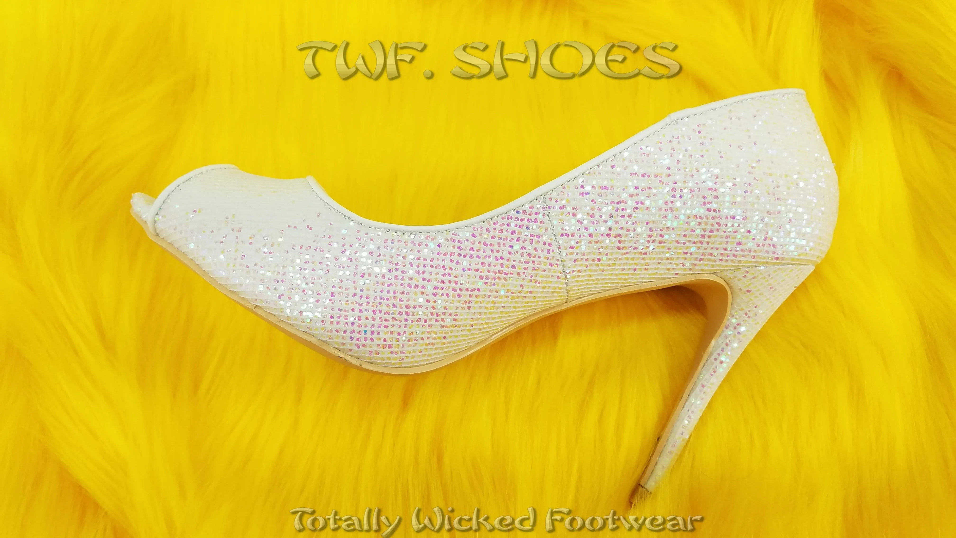 Mac J White Rose Glitter Open Toe Pump - 4" High Heel Shoes