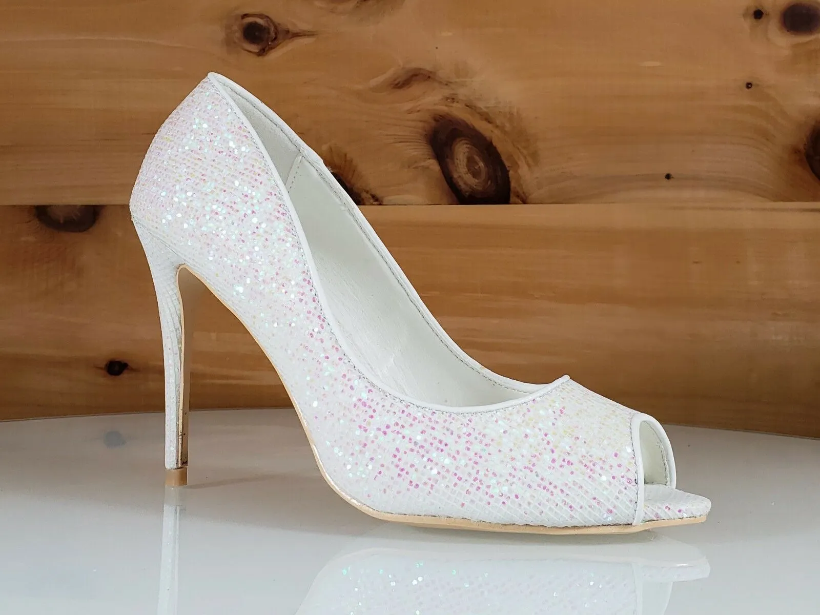 Mac J White Rose Glitter Open Toe Pump - 4" High Heel Shoes