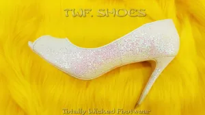 Mac J White Rose Glitter Open Toe Pump - 4" High Heel Shoes