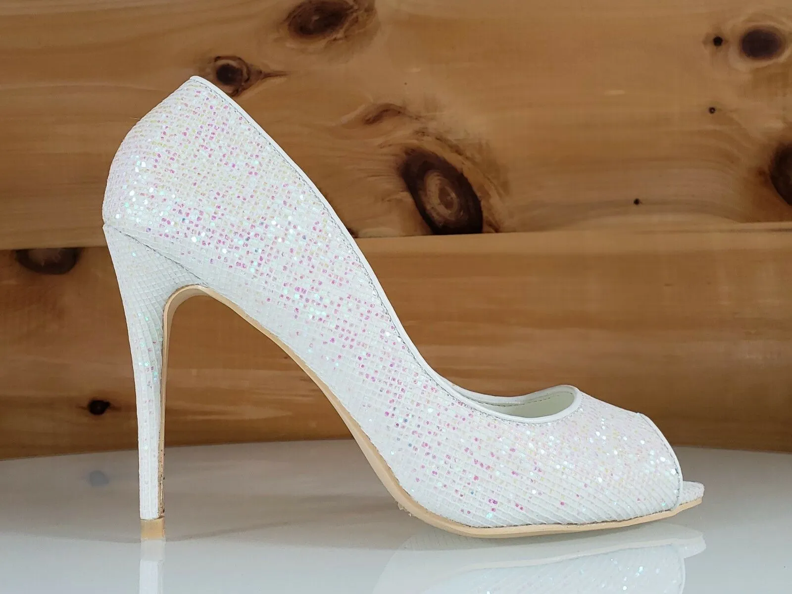 Mac J White Rose Glitter Open Toe Pump - 4" High Heel Shoes