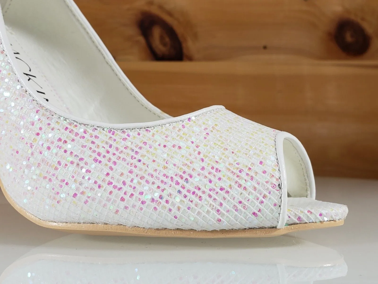 Mac J White Rose Glitter Open Toe Pump - 4" High Heel Shoes