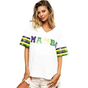 Mardi Gras Mambo Sequin V-Neck White Top