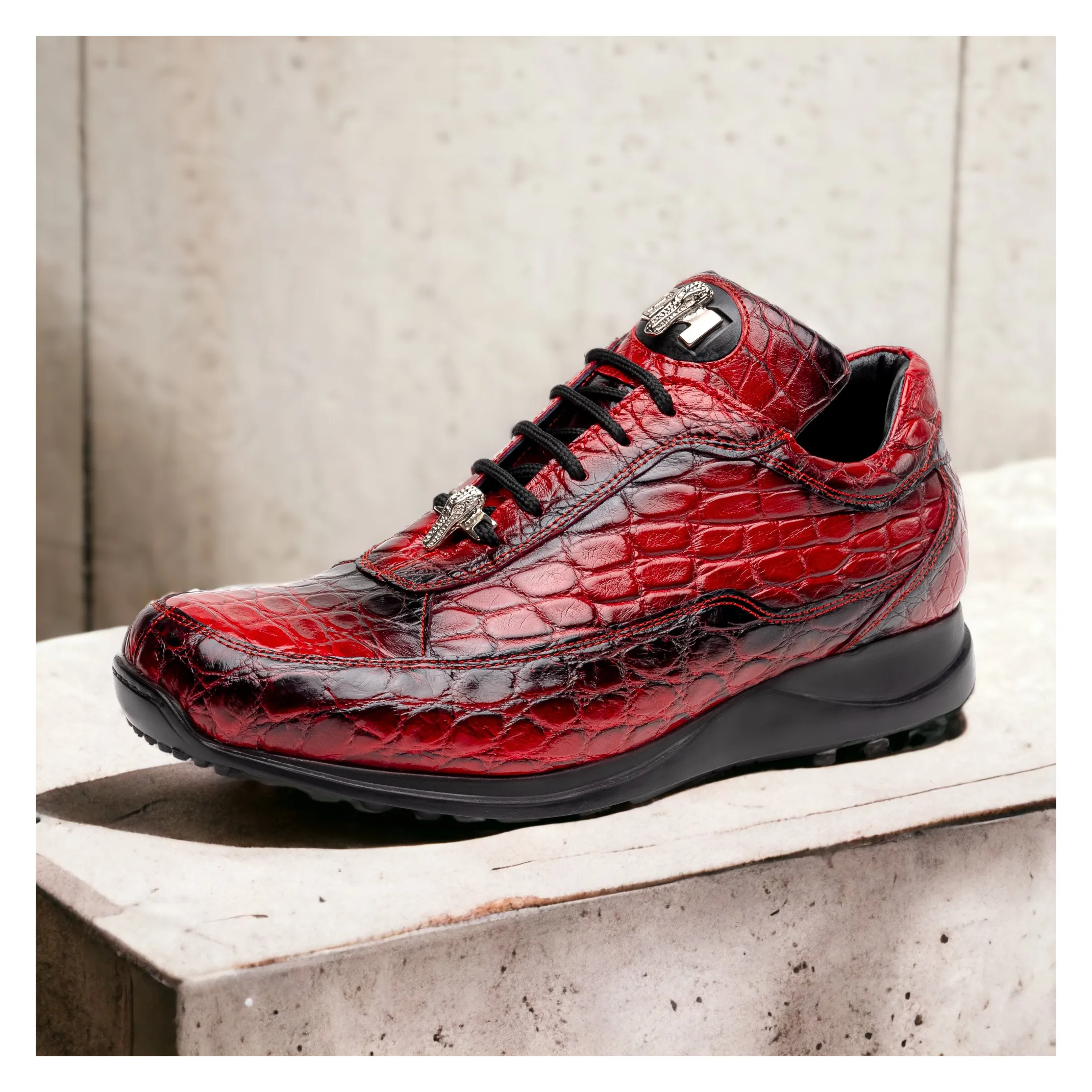 Mauri Bloodshed 8900/2 Men's Shoes Red with Black Finished Exotic Alligator Sneakers (MA5563)