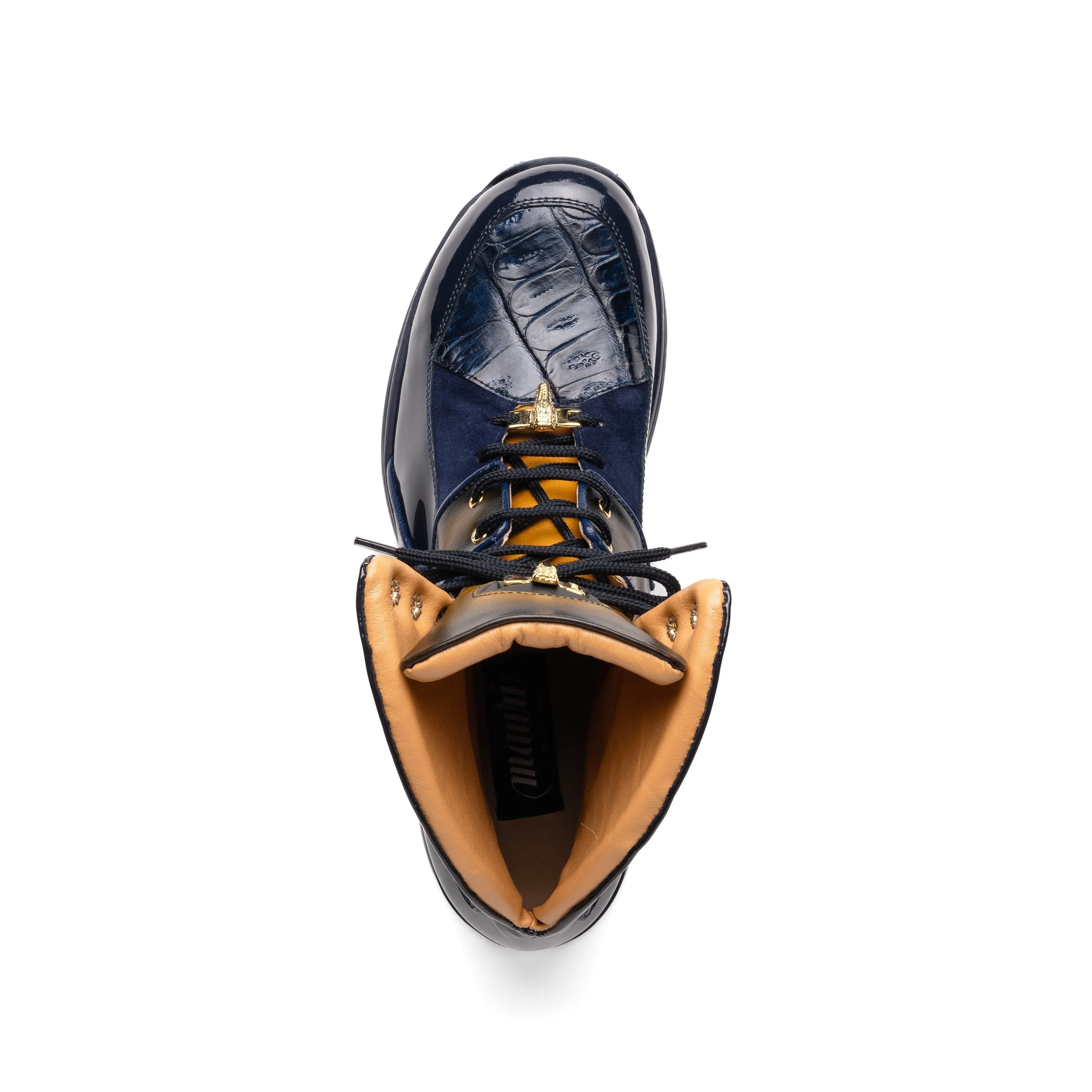 Mauri Diamond 8402 Men's Shoes Wonder Blue & Toffe with Blue Finish Exotic Crocodile / Suede / Nappa / Patent Leather High-Top Sneakers (MA5625)