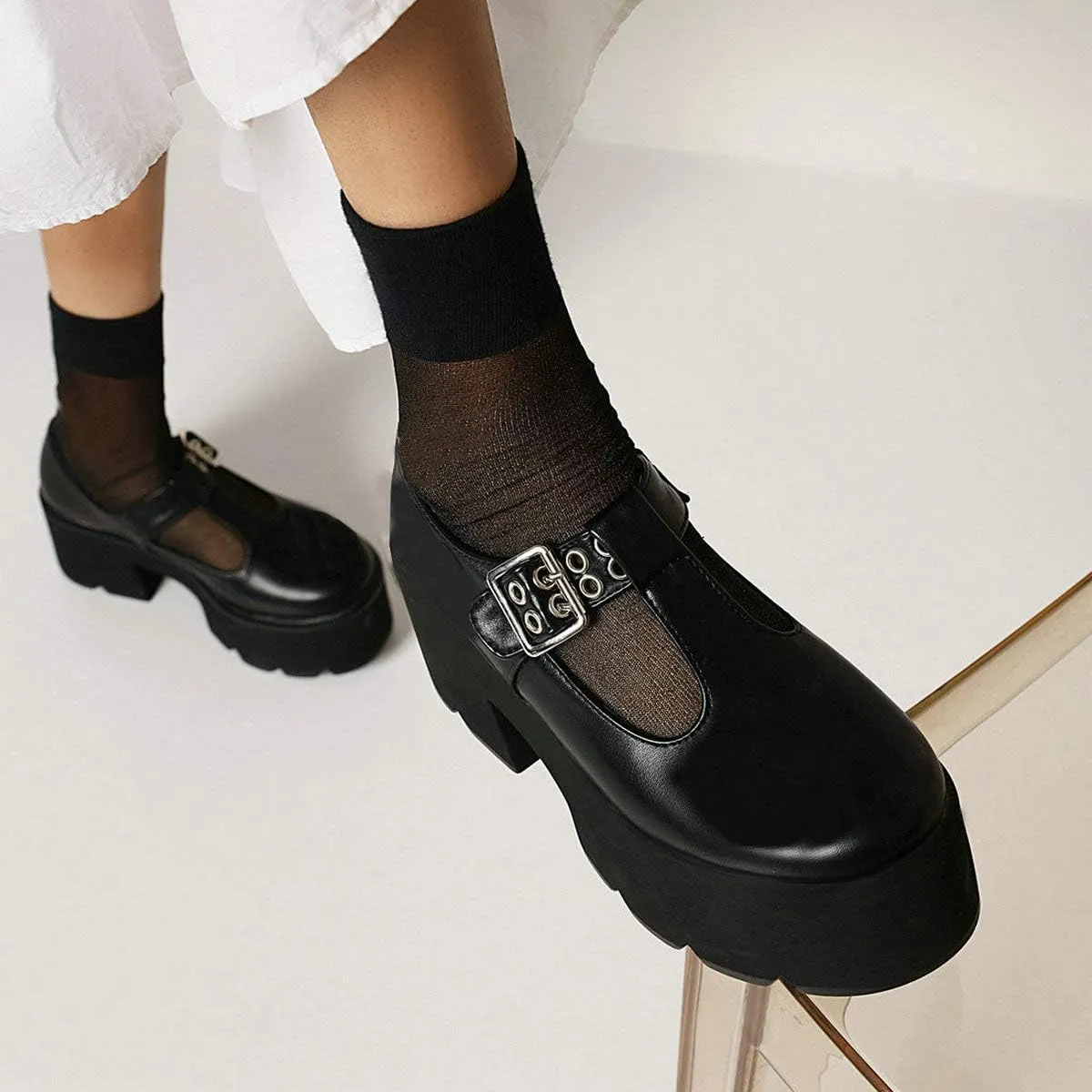 MAVMAX Women's Goth T Strap Platform Mary Jane Gothic Lolita Cosplay Shoes Chunky High Heel Round Toe Pumps