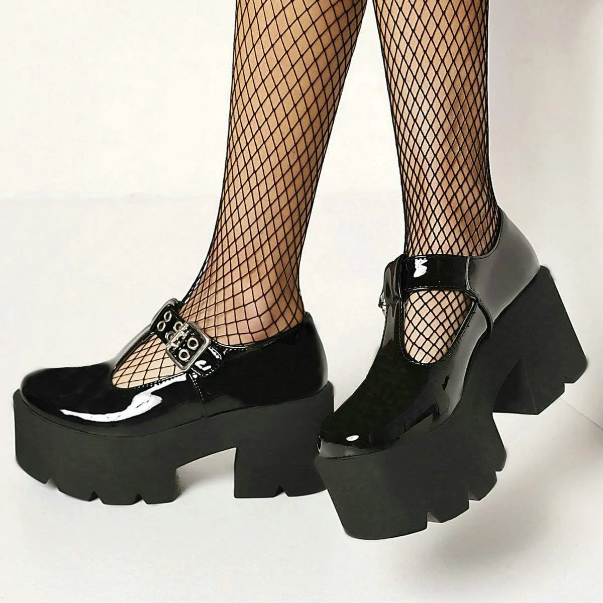 MAVMAX Women's Goth T Strap Platform Mary Jane Gothic Lolita Cosplay Shoes Chunky High Heel Round Toe Pumps