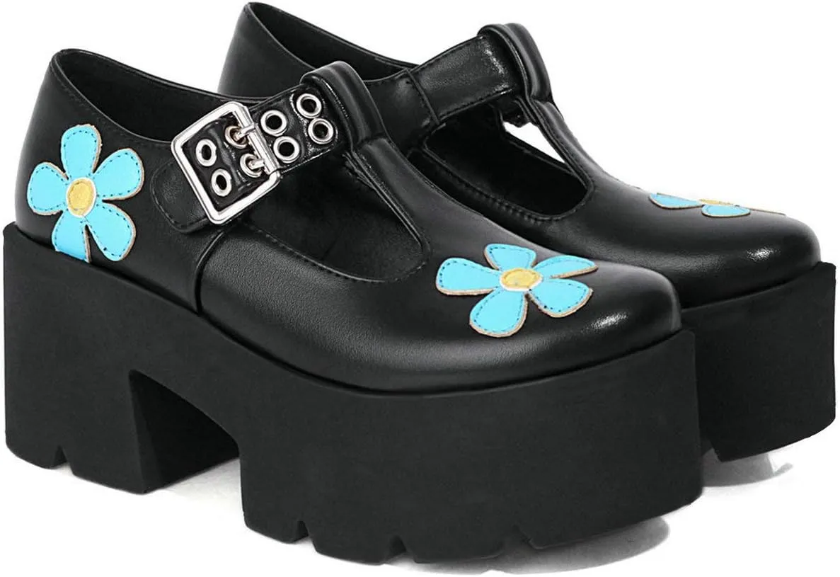 MAVMAX Women's Goth T Strap Platform Mary Jane Gothic Lolita Cosplay Shoes Chunky High Heel Round Toe Pumps