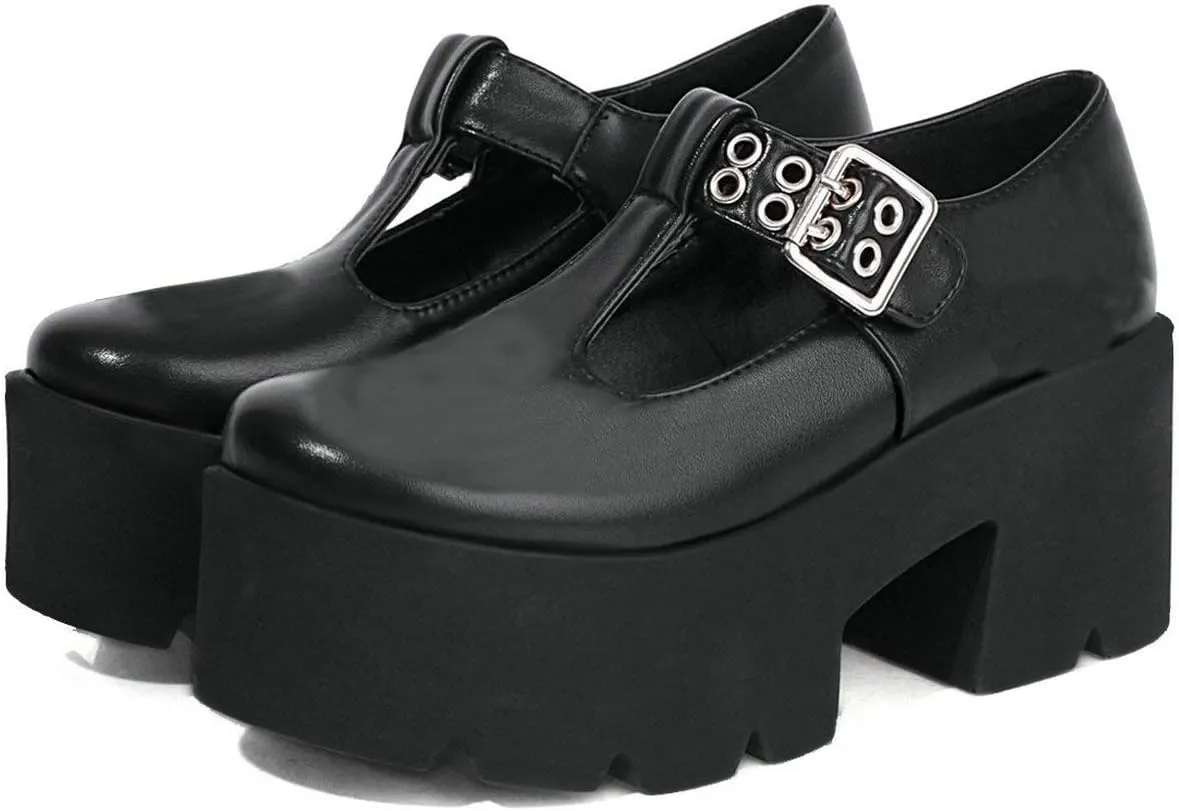 MAVMAX Women's Goth T Strap Platform Mary Jane Gothic Lolita Cosplay Shoes Chunky High Heel Round Toe Pumps
