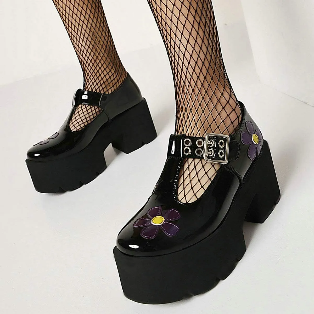 MAVMAX Women's Goth T Strap Platform Mary Jane Gothic Lolita Cosplay Shoes Chunky High Heel Round Toe Pumps