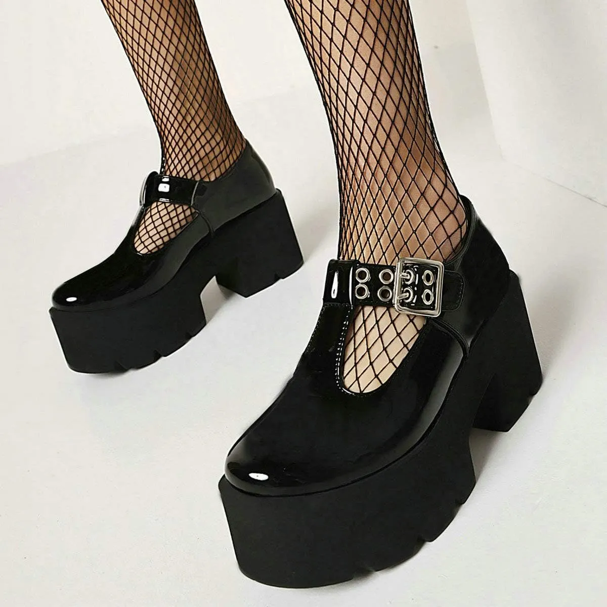 MAVMAX Women's Goth T Strap Platform Mary Jane Gothic Lolita Cosplay Shoes Chunky High Heel Round Toe Pumps