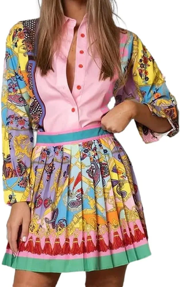 Melliflo Women's Graffiti Print 2 Piece Outfits Long Sleeve Button Down Shirt High Waisted Pleated Mini Skirt Sets Lounge Set