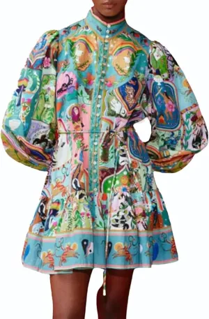 Melliflo Womens Half Button Long Lantern Sleeve Graffiti Print Mini Dresses Tie Waist Lapel Collared Ruffle Hem Pleated Dress