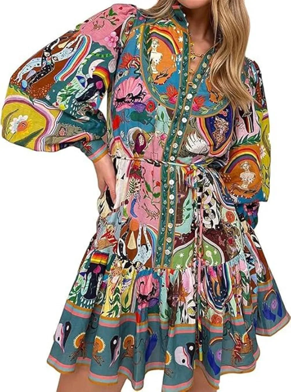 Melliflo Womens Half Button Long Lantern Sleeve Graffiti Print Mini Dresses Tie Waist Lapel Collared Ruffle Hem Pleated Dress