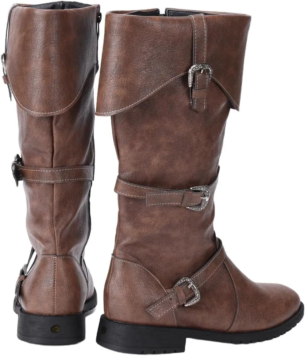 Men High Knee PU Medieval Boots Viking Pirate Costume Boots Renaissance Cosplay Shoes Halloween Party Cosplay