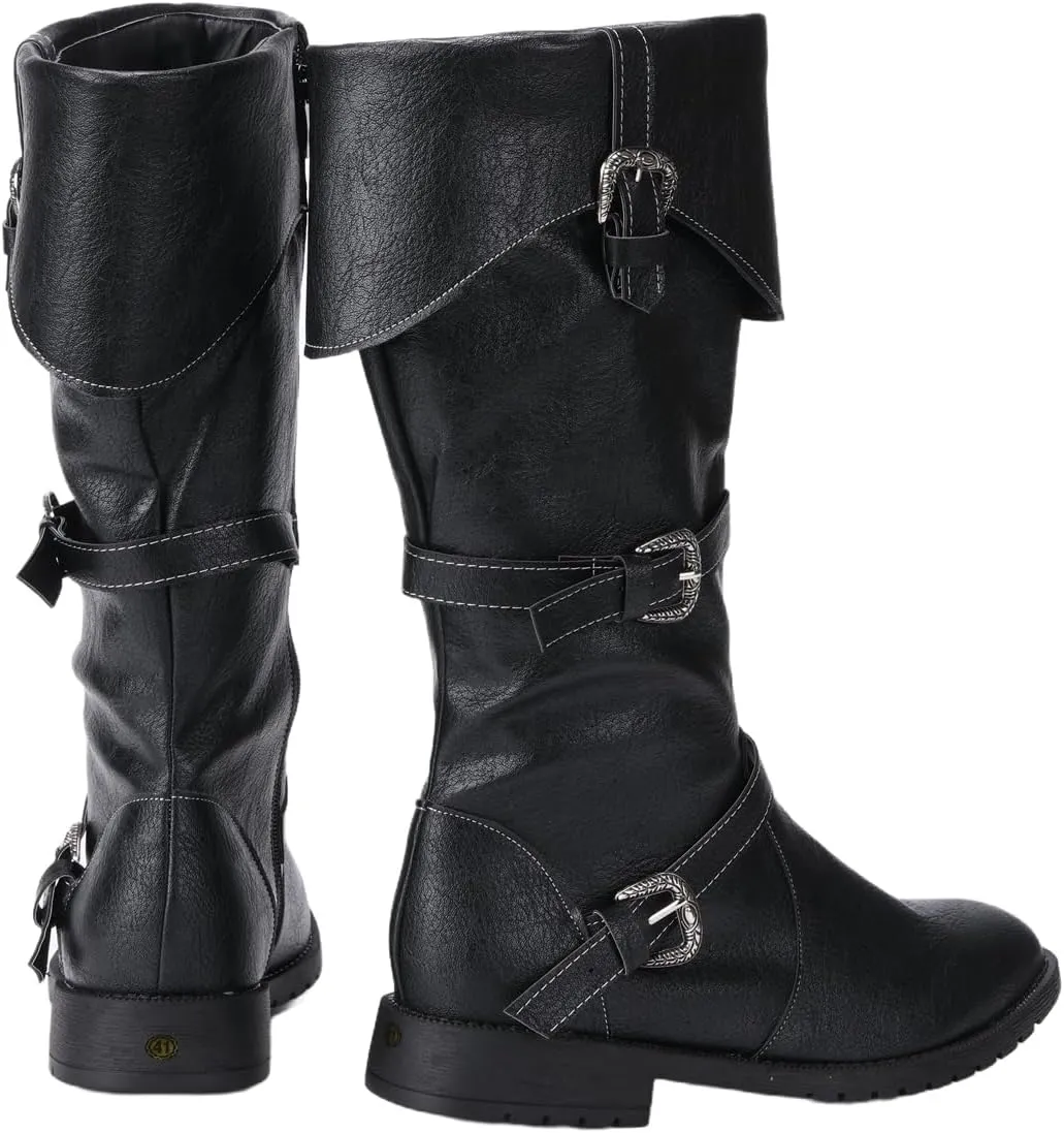 Men Renaissance Medieval Black Boots Viking Pirate High Knee PU Cosplay Shoes