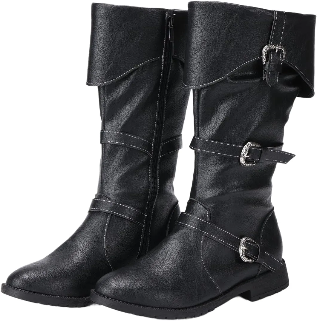 Men Renaissance Medieval Black Boots Viking Pirate High Knee PU Cosplay Shoes