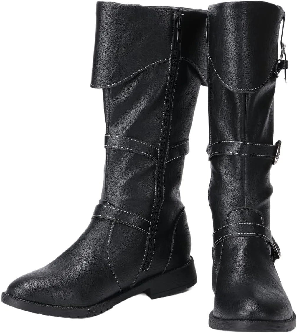 Men Renaissance Medieval Black Boots Viking Pirate High Knee PU Cosplay Shoes