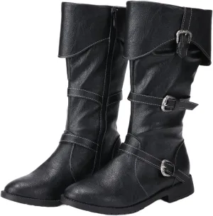 Men Renaissance Medieval Black Boots Viking Pirate High Knee PU Cosplay Shoes