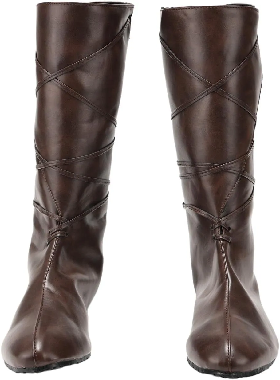 Mens Medieval Boots Faux Leather Mid Calf Gothic Pirate Costume Renaissance Cosplay Shoes for Men
