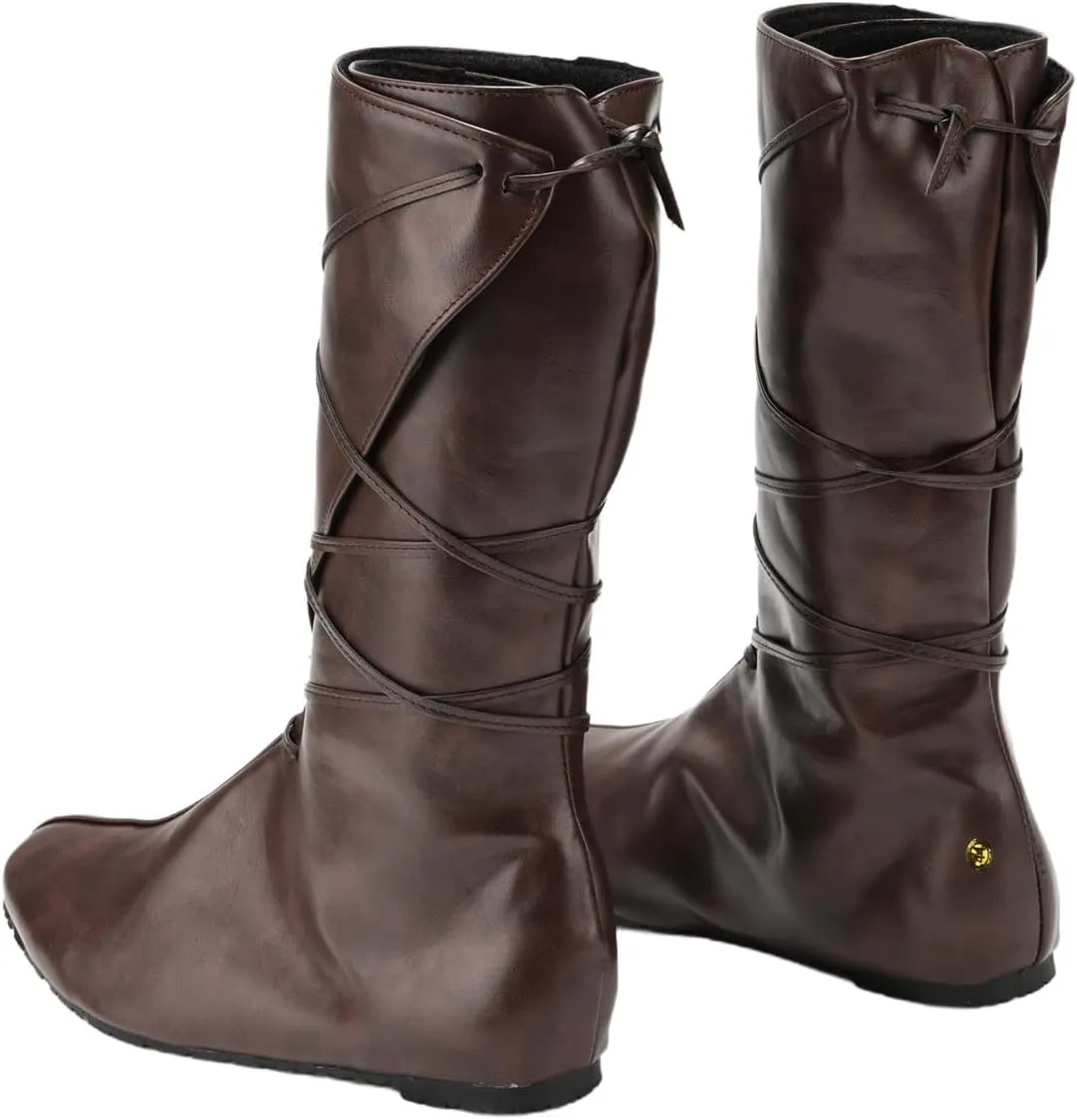 Mens Medieval Boots Faux Leather Mid Calf Gothic Pirate Costume Renaissance Cosplay Shoes for Men