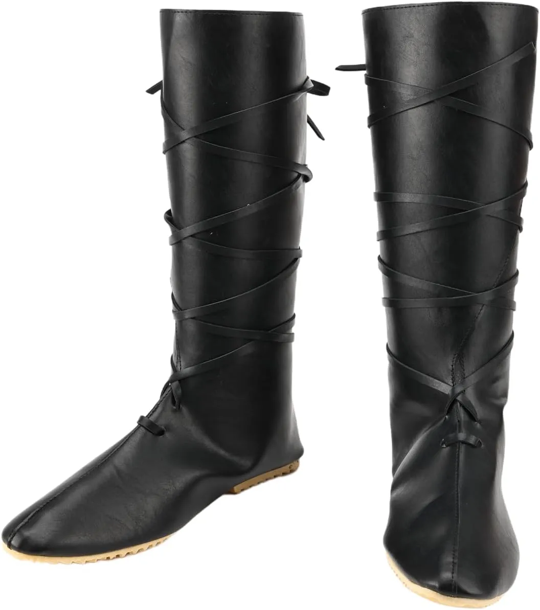 Mens Medieval Boots Faux Leather Mid Calf Gothic Pirate Costume Renaissance Cosplay Shoes for Men